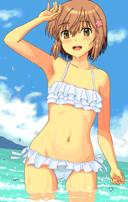 1girl bikini blue_sky brown_eyes brown_hair cherry_blossoms cloud commentary_request day flower frilled_bikini frills groin hair_flower hair_ornament kantai_collection lowleg lowleg_bikini mocchi_man mountain navel ocean open_mouth outdoors round_teeth short_hair sky soaking_feet solo swimsuit teeth translation_request upper_teeth water wet white_bikini yukikaze_(kancolle)