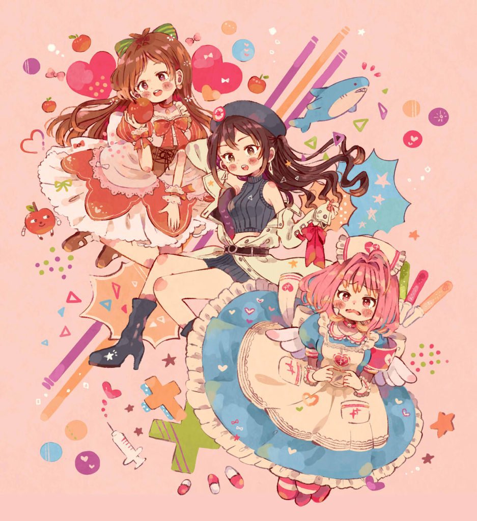 #lookingforaunitname_(idolmaster) 3girls apron black_shirt black_shorts blue_dress blush blush_stickers dress full_body heart idolmaster idolmaster_cinderella_girls light_stick looking_at_viewer multiple_girls patterned_background petticoat pill pinafore_dress puffy_short_sleeves puffy_sleeves red_dress ribbed_shirt ribbed_skirt ringorou_(idolmaster) shark shirt short_sleeves shorts star_(symbol) sumomo_030102 sunazuka_akira triangle tsujino_akari white_apron wrist_cuffs yumemi_riamu