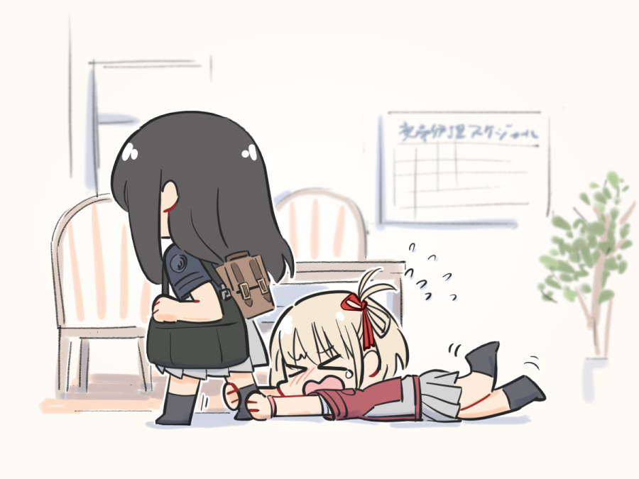 &gt;_&lt; 2girls backpack bag black_bag black_hair black_thighhighs blonde_hair blush brown_bag chair chibi commentary crying flying_sweatdrops full-face_blush grey_skirt hair_ribbon inoue_takina jacket long_hair lycoris_recoil medium_hair mukiki multiple_girls nishikigi_chisato one_side_up open_mouth plant pleated_skirt red_jacket red_ribbon ribbon skirt socks tantrum thighhighs