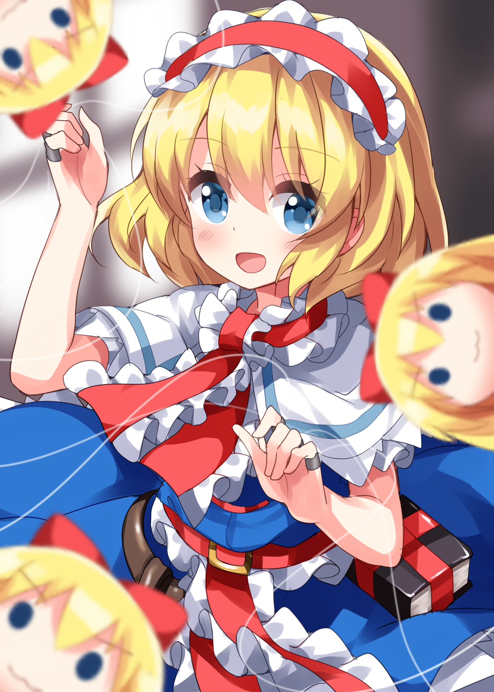 1girl :3 :d alice_margatroid arm_up bangs belt blonde_hair blue_dress blue_eyes blurry blurry_background book bow capelet closed_mouth doll dress eyes_visible_through_hair flying frills hair_between_eyes hairband hands_up highres indoors long_hair looking_at_viewer necktie one-hour_drawing_challenge open_mouth red_belt red_bow red_hairband red_necktie ruu_(tksymkw) shanghai_doll short_hair short_sleeves smile solo standing thread touhou v-shaped_eyebrows white_capelet window