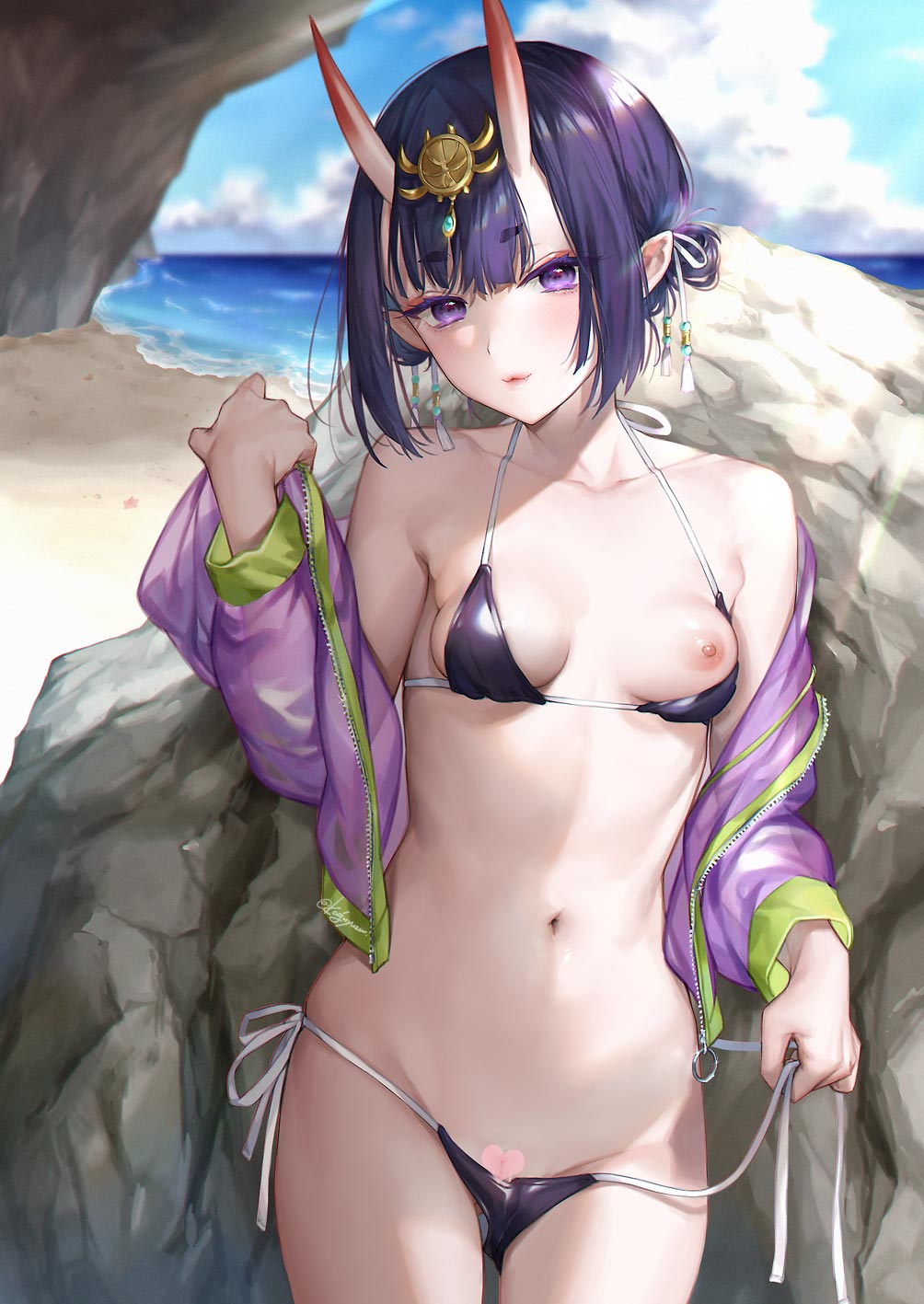 1girl against_rock ass_visible_through_thighs bare_shoulders beach bikini bikini_pull blue_sky bob_cut breasts clothes_pull cloud commentary_request cowboy_shot day eyeliner fang fang_out fate/grand_order fate_(series) groin hair_ornament hair_up halter_top halterneck hand_up highres holding horns jacket kaguyuzu leaning_back light_blush lips looking_at_viewer maebari makeup micro_bikini multicolored_clothes multicolored_jacket navel nipples ocean off_shoulder one_breast_out oni_horns open_clothes open_jacket outdoors pointy_ears purple_bikini purple_eyes purple_hair purple_jacket red_eyeliner rock sand short_eyebrows short_hair shuten_douji_(fate) side-tie_bikini sidelocks skin-covered_horns sky small_breasts solo standing stomach string_bikini swimsuit thick_eyebrows thighs two-tone_jacket untied untied_bikini unzipped zipper_pull_tab