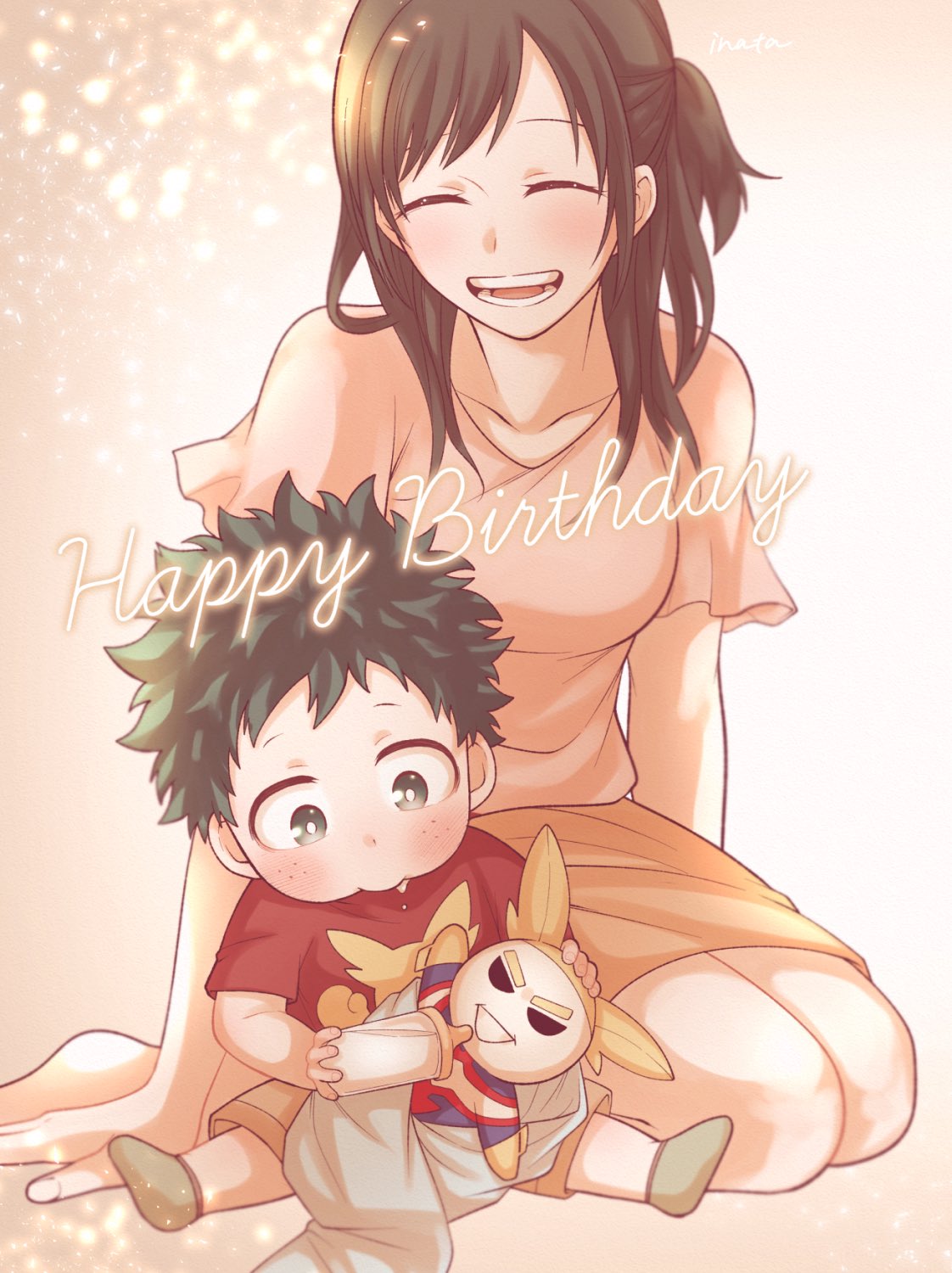 1boy 1girl all_might baby_bottle bangs blush boku_no_hero_academia bottle breasts brown_background character_doll character_print child closed_eyes commentary_request freckles full_body green_eyes green_hair green_socks happy_birthday highres holding holding_bottle inata long_hair male_child midoriya_inko midoriya_izuku mother_and_son open_mouth pink_shirt red_shirt seiza shirt short_hair short_sleeves shorts simple_background sitting skirt smile socks younger