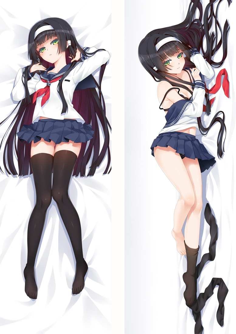 1girl bangs bed_sheet bishoujo_mangekyou black_bra black_hair black_panties black_thighhighs blue_sailor_collar blue_skirt blunt_bangs bra breasts cleavage closed_mouth collared_shirt dakimakura_(medium) from_above from_side full_body gradient_hair green_eyes hair_intakes hairband long_hair long_sleeves looking_at_viewer lying midriff miniskirt moeanime multicolored_hair navel neckerchief on_back on_side panties pleated_skirt red_neckerchief renge_(bishoujo_mangekyou) sailor_collar sailor_shirt school_uniform serafuku shiny shiny_hair shirt skirt small_breasts smile stomach thighhighs underwear very_long_hair white_hairband white_shirt zettai_ryouiki