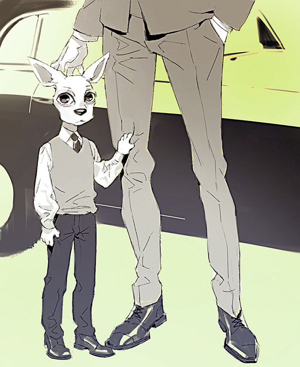 2boys arm_at_side beastars car child clothes_grab collared_shirt commentary deer_boy english_commentary father_and_son furry furry_male ground_vehicle hand_in_pocket hand_on_another's_head hand_up long_sleeves louis_(beastars) male_child male_focus monochrome motor_vehicle multiple_boys necktie ogma_(beastars) out_of_frame pants satsiy shirt shoes solo_focus vest younger