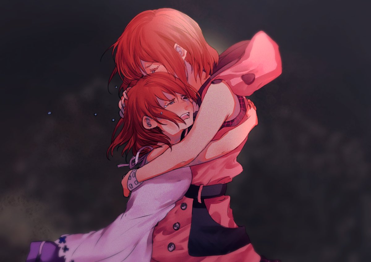 2girls belt black_background blush buttons closed_eyes crying dress female_child hair_between_eyes hand_on_another's_head hood hood_down hooded_dress hug kairi_(kingdom_hearts) kingdom_hearts kingdom_hearts_iii kingdom_hearts_melody_of_memory multiple_girls open_mouth pink_dress red_hair sera_(serappi) short_hair sleeveless sleeveless_dress tears teeth time_paradox upper_body upper_teeth white_dress wristband younger