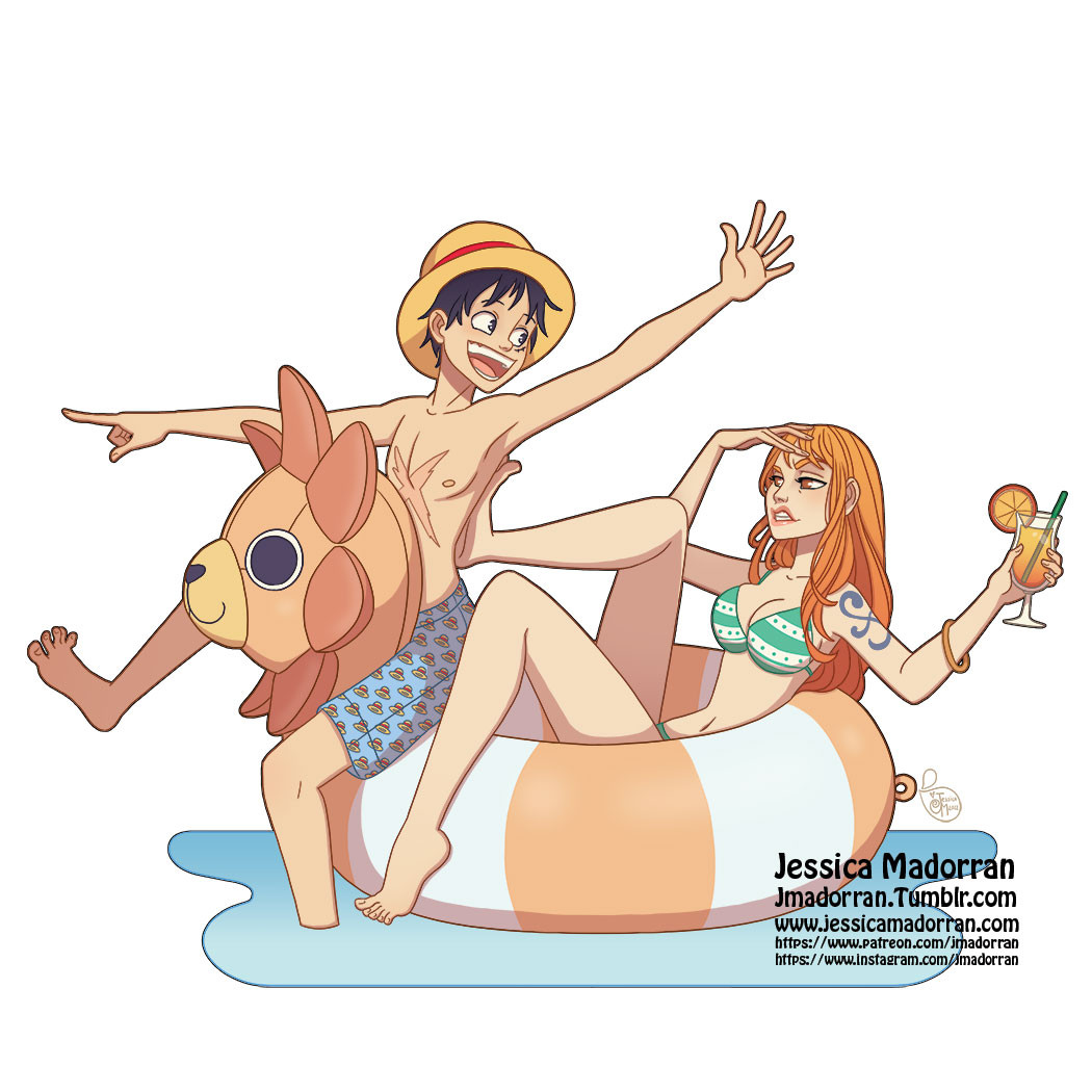 annoyed bikini bracelet brown_hair clenched_teeth cup drinking_glass glasses hurricane_glass innertube jessica_madorran jewelry kicking lips long_hair male_swimwear monkey_d._luffy nami_(one_piece) one_eye_closed one_piece orange_hair outstretched_arms pointing scar scar_on_chest shoulder_tattoo simple_background swim_trunks swimsuit tattoo teeth thousand_sunny watermark white_background