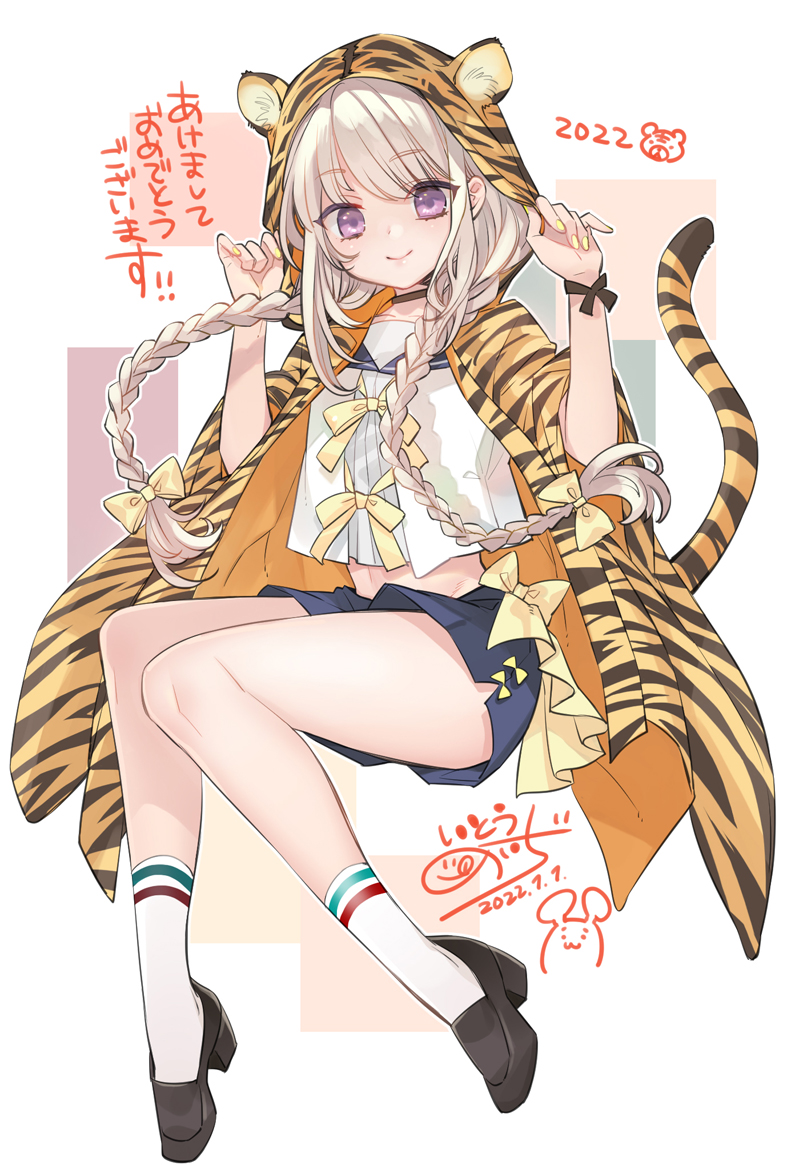 1girl animal_hood black_footwear braid breasts chinese_zodiac crop_top dated full_body hair_between_eyes hands_up hood ito_noizi knees_together_feet_apart long_hair looking_at_viewer original pleated_skirt purple_eyes sailor_collar shirt signature sitting skirt small_breasts smile solo tail tiger_hood tiger_tail twin_braids w_arms white_hair white_shirt year_of_the_tiger
