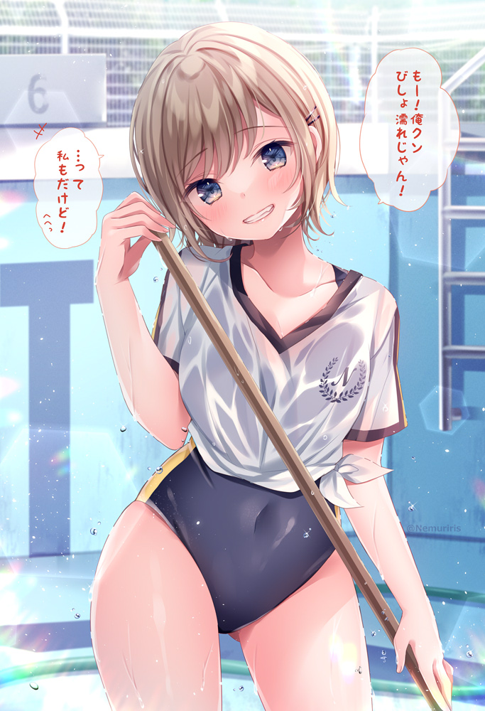 1girl blue_eyes blush brown_hair collarbone commentary_request covered_navel day grin hair_ornament hairclip hand_up head_tilt looking_at_viewer nemuri_nemu original outdoors pool pool_ladder revision school_swimsuit see-through shirt short_sleeves smile solo swimsuit swimsuit_under_clothes tied_shirt translation_request white_shirt