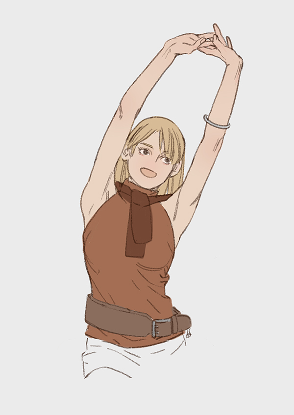 1girl armlet arms_up ashley_graham ashley_swidowski bangs belt blonde_hair breasts brown_eyes brown_scarf cowboy_shot grey_background looking_to_the_side medium_breasts open_mouth orange_shirt outstretched_arms resident_evil resident_evil_4 scarf shirt short_hair sleeveless sleeveless_shirt sleeveless_turtleneck smile solo stretching turtleneck