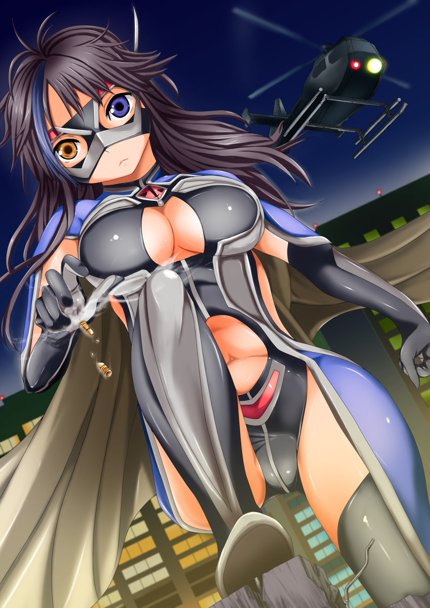 aircraft artist_request black_hair cape cleavage_cutout clothing_cutout helicopter heterochromia highres invulnerable kenzaki_ameri lady_justice_(series) long_hair mask multicolored_hair non-web_source streaked_hair superhero