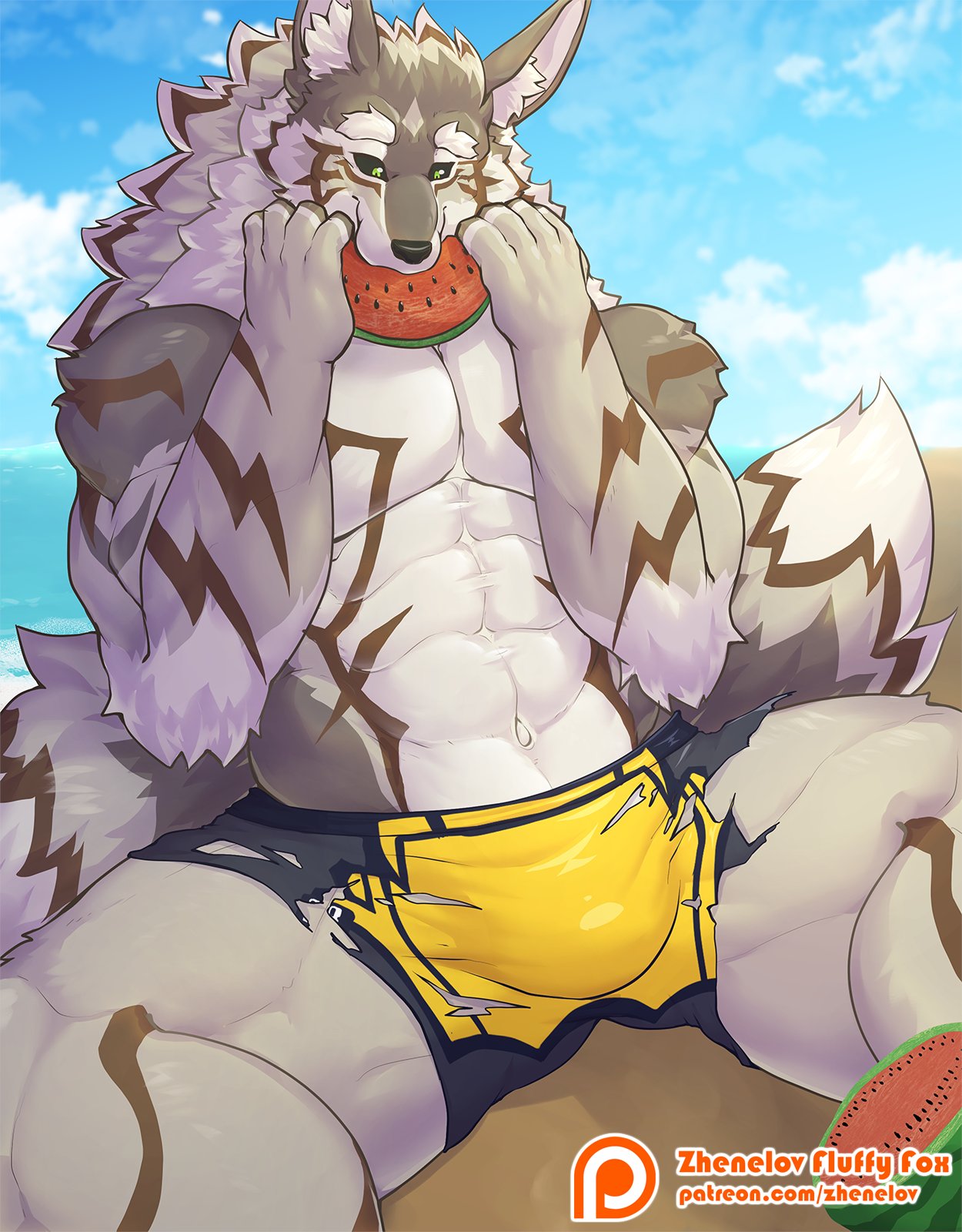2022 abs anthro anubian_jackal beach big_muscles canid canine canis clothed clothing digital_media_(artwork) domestic_dog eating eating_food fluffy fluffy_tail food fruit fur growth hi_res inner_ear_fluff jackal lerchief2007 lifewonders male mammal melon muscle_growth muscular muscular_anthro muscular_male navel neck_tuft nude outside pecs plant sand seaside seth_(tas) simple_background sky smile solo striped_body striped_fur stripes swimwear tokyo_afterschool_summoners tuft video_games wardrobe_malfunction water watermelon
