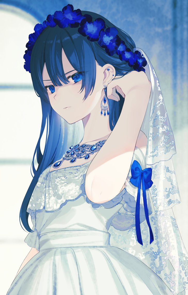 1girl achiki adjusting_hair black_hair blue_eyes bow breasts bridal_veil cleavage closed_mouth collarbone commentary dress dress_bow earrings flower frown gradient_hair hair_flower hair_ornament hand_in_own_hair indoors jewelry multicolored_hair necklace off-shoulder_dress off_shoulder original shaded_face small_breasts solo veil wedding_dress window