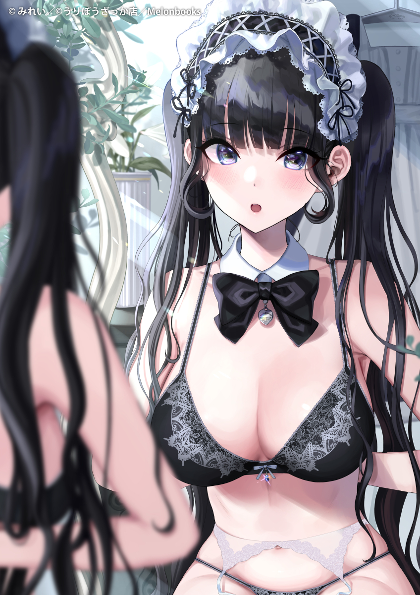 1girl :o bangs bare_arms bare_shoulders black_bow black_bowtie black_bra black_hair black_panties blue_eyes bow bowtie bra breasts cleavage detached_collar garter_belt highres large_breasts long_hair looking_at_viewer maid melonbooks mirei navel open_mouth original panties reflection twintails underwear white_headwear