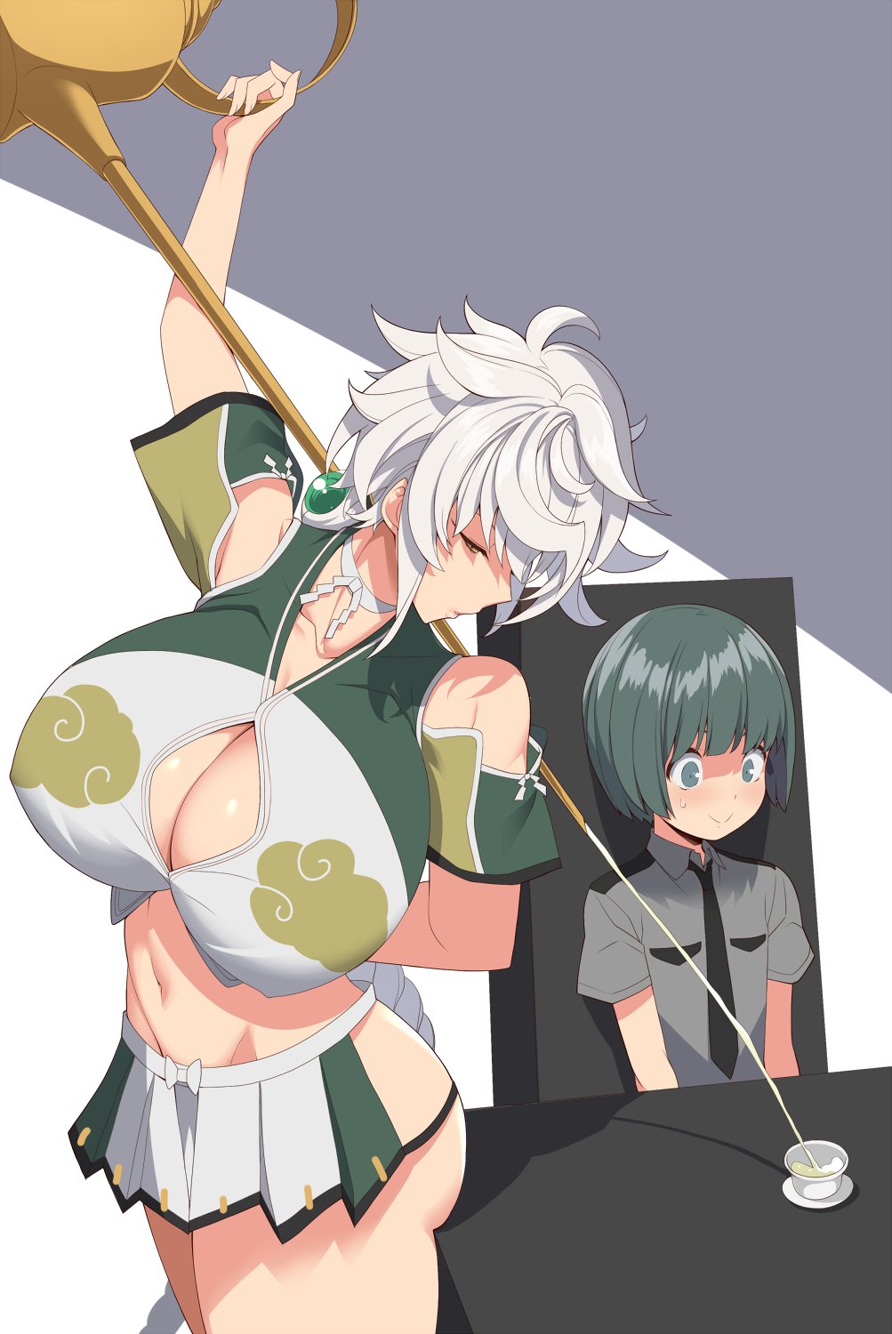 1boy 1girl admiral_(kancolle) asymmetrical_hair braid breasts brown_eyes cleavage_cutout clothing_cutout commentary_request cup decantering dress green_eyes green_hair highres holding holding_teapot huge_breasts kantai_collection kloah little_boy_admiral_(kancolle) long_hair midriff pleated_dress pouring short_hair single_braid table tea teacup teapot unryuu_(kancolle) very_long_hair white_hair