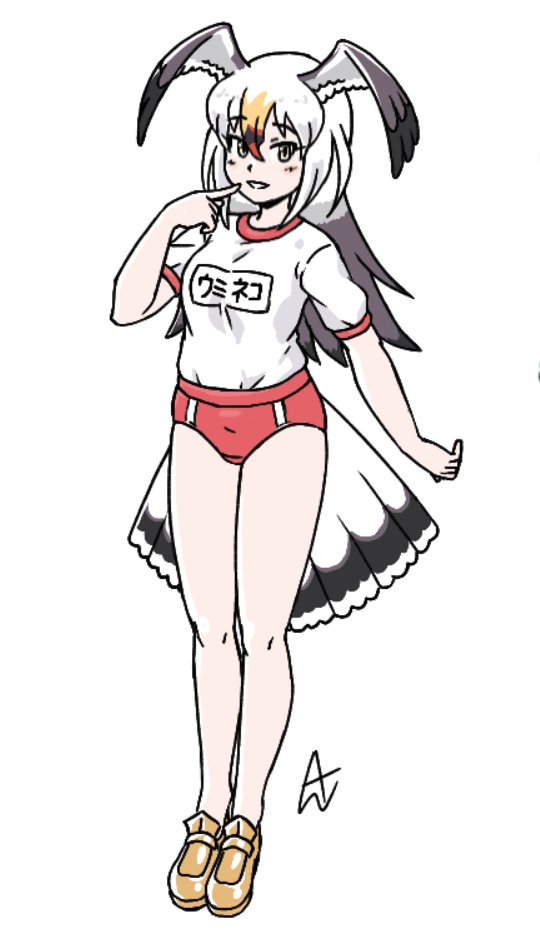 1girl acesrulez alternate_costume black-tailed_gull_(kemono_friends) black_hair blonde_hair blush buruma commentary_request finger_to_mouth grey_hair gym_uniform hair_between_eyes kemono_friends loafers long_hair looking_at_viewer multicolored_hair name_tag red_buruma red_hair shirt shoes short_sleeves solo t-shirt translation_request white_hair white_shirt yellow_eyes yellow_footwear