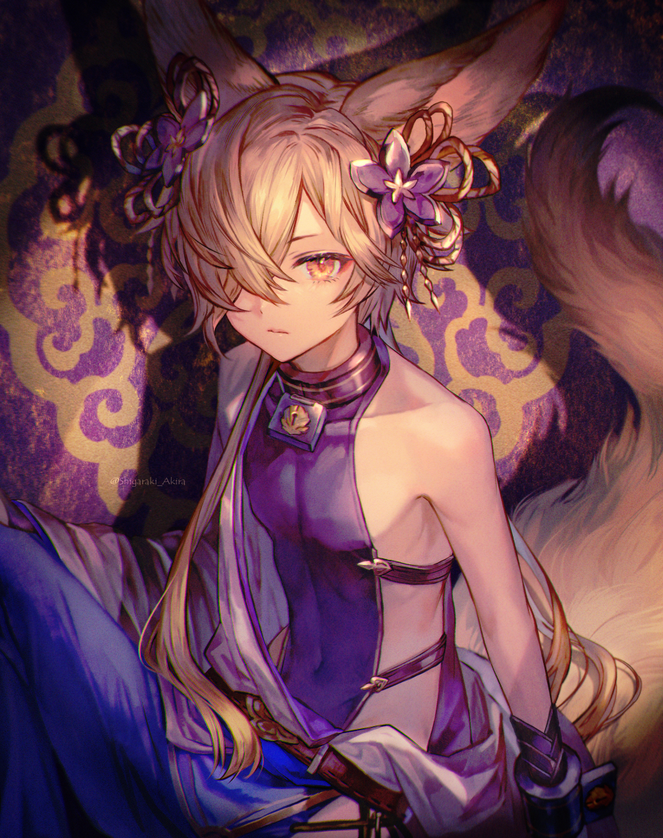 1boy animal_ears blonde_hair collar flower fox_boy fox_ears fox_tail granblue_fantasy hair_flower hair_ornament hair_over_one_eye highres keyhole kou_(granblue_fantasy) male_focus pectorals shigaraki_(strobe_blue) sideless_outfit solo tail twitter_username yellow_eyes