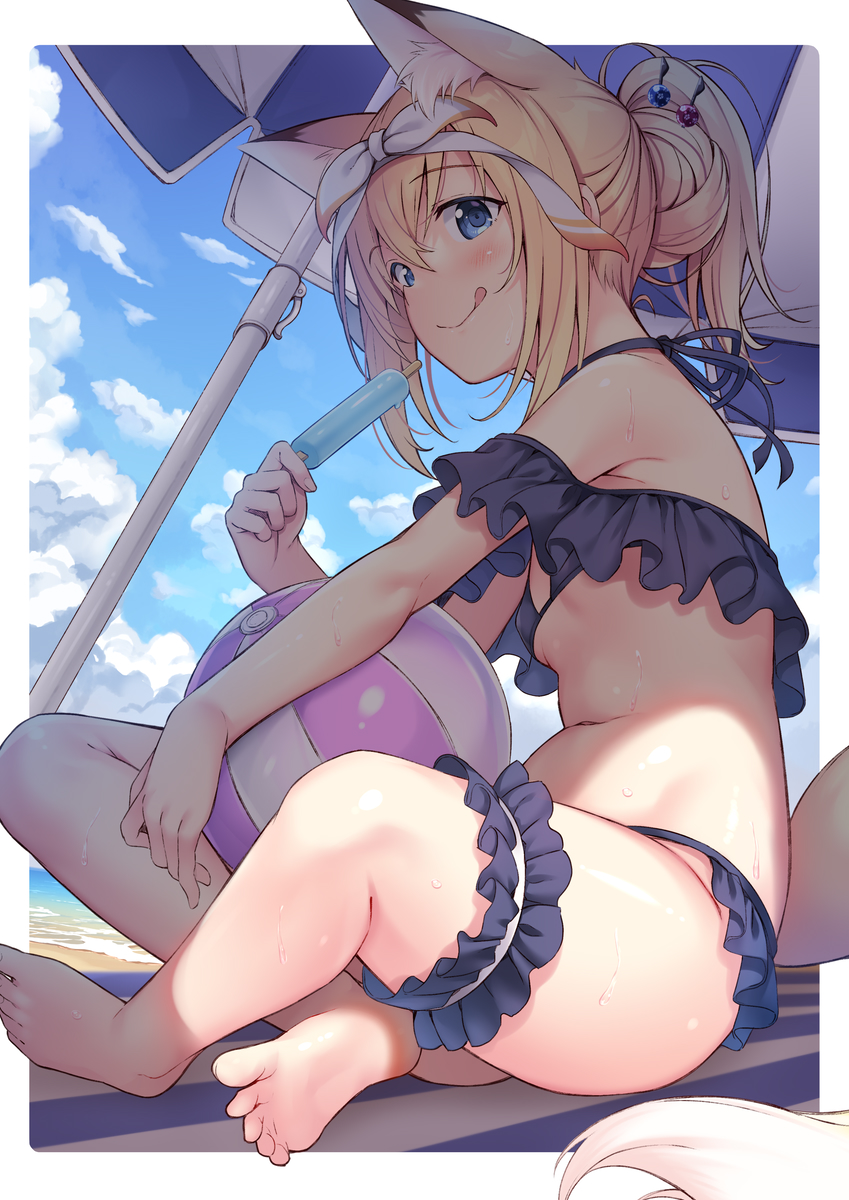 1girl animal_ear_fluff animal_ears ball barefoot beach beach_towel beachball bikini black_bikini blonde_hair blue_eyes blue_sky blush border breasts closed_mouth cloud commentary_request food fox_ears fox_girl fox_tail frilled_bikini frills from_side hair_between_eyes hair_ornament highres holding holding_food indian_style long_hair looking_at_viewer looking_to_the_side navel nozomi_tsubame original outdoors outside_border ponytail popsicle sitting sky small_breasts solo suzuha_(nozomi_tsubame) sweat swimsuit tail tareme tongue tongue_out towel umbrella white_border