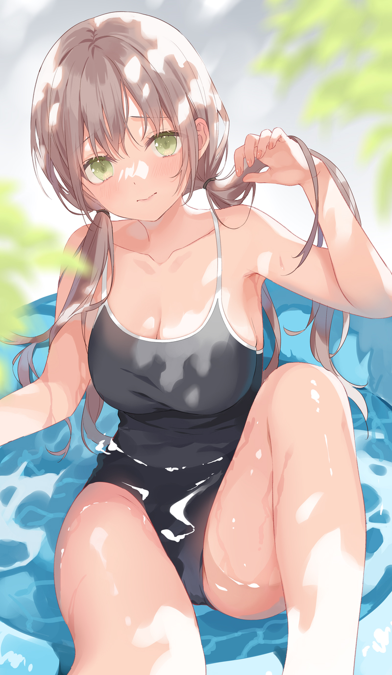 1girl armpits bangs bare_arms bare_legs bare_shoulders black_swimsuit blurry blurry_background blurry_foreground blush breasts cleavage closed_mouth collarbone day depth_of_field green_eyes hair_between_eyes highleg highleg_swimsuit highres knee_up kurasawa_moko large_breasts light_brown_hair long_hair looking_at_viewer low_twintails no_bra one-piece_swimsuit original outdoors partially_submerged school_swimsuit sitting solo swimsuit thighs twintails water wet