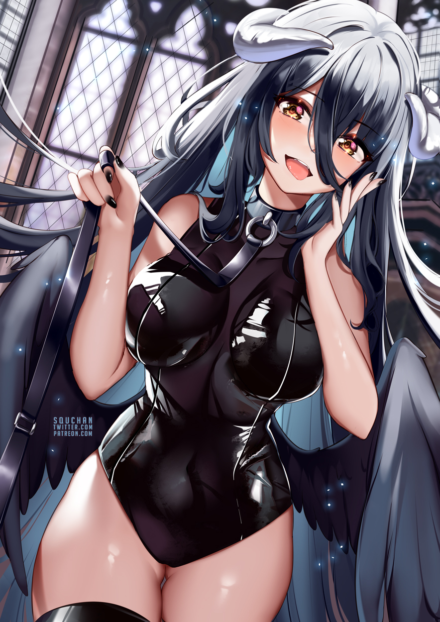 1girl :d albedo_(overlord) bangs bare_arms bare_shoulders black_choker black_hair black_leotard black_nails black_thighhighs breasts choker commentary covered_navel cowboy_shot hair_between_eyes hand_up highres horns indoors large_breasts leash leotard long_hair looking_at_viewer nail_polish overlord_(maruyama) smile solo squchan standing thighhighs thighs tongue tongue_out very_long_hair window yellow_eyes