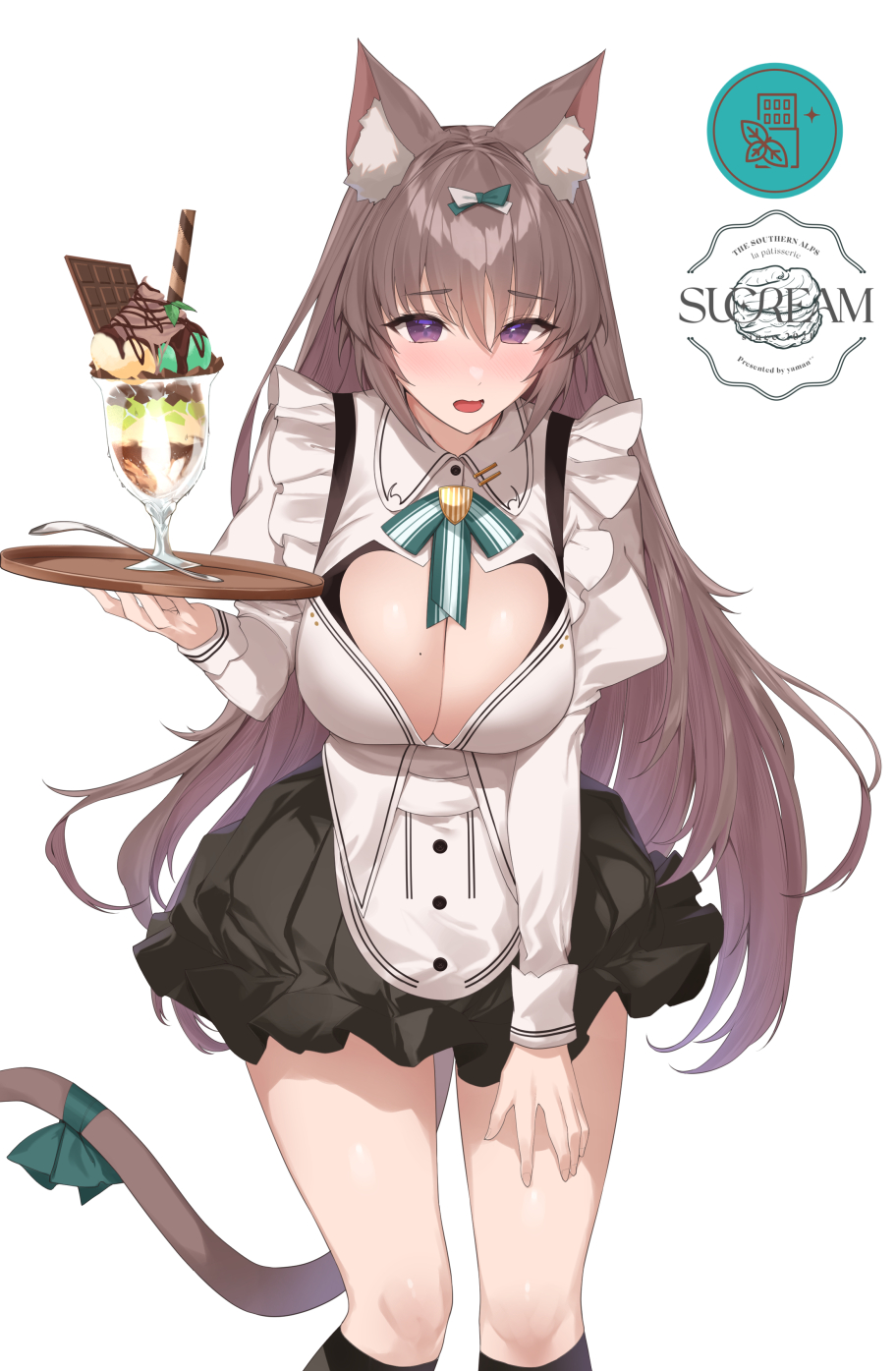 1girl animal_ear_fluff animal_ears apron artist_name bangs black_skirt blush bow breasts brown_hair cat_ears cat_girl cat_tail cleavage cleavage_cutout clothing_cutout collared_shirt feet_out_of_frame food hair_bow highres holding holding_tray ice_cream juliet_sleeves large_breasts long_hair long_sleeves looking_at_viewer mauve_(yaman) mole mole_on_breast nose_blush open_mouth original paid_reward_available puffy_sleeves purple_eyes shirt simple_background skirt solo spoon suspender_skirt suspenders tail tail_bow tail_ornament tray waist_apron white_background white_shirt yaman