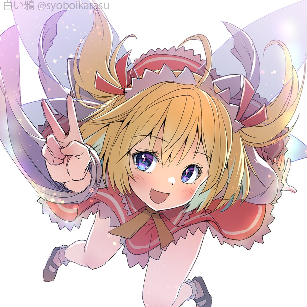 1girl :d ahoge bangs black_footwear blonde_hair foreshortening from_above light_particles looking_at_viewer mary_janes open_mouth purple_eyes shiroi_karasu shoes simple_background smile socks solo sunny_milk touhou v white_background