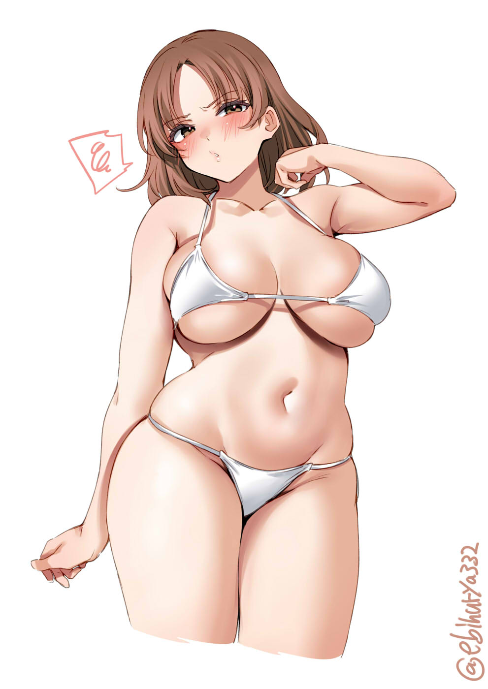 1girl arm_at_side armpit_crease bangs bare_arms bare_shoulders bikini blush breasts brown_hair chiyoda_(kancolle) cleaver collarbone cropped_legs ebifurya groin hand_up highres kantai_collection large_breasts looking_at_viewer navel one-hour_drawing_challenge parted_bangs simple_background skindentation solo speech_bubble spoken_squiggle squiggle swimsuit thighs twitter_username white_background white_bikini