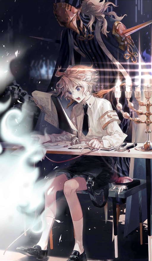 2boys androgynous avicebron_(fate) bad_source blonde_hair blue_eyes candle candlelight candlestand fate/apocrypha fate_(series) long_sleeves male_focus mask molatoliamu multiple_boys official_art roche_frain_yggdmillennia second-party_source short_hair solo yggdmillennia