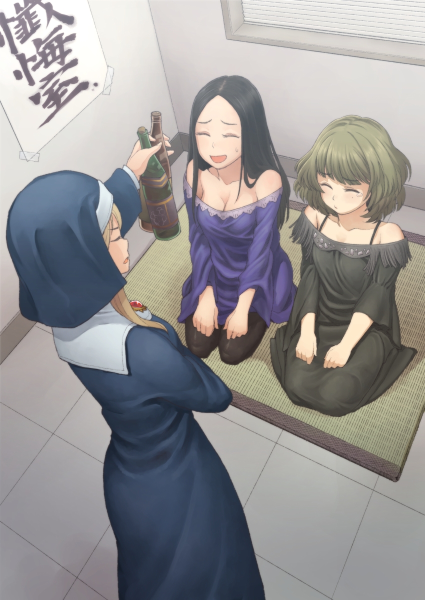 3girls alcohol black_hair black_pantyhose blonde_hair blue_dress bottle breasts brooch chiaki_rakutarou clarice_(idolmaster) cleavage closed_eyes collarbone dress gem green_dress green_hair habit highres hiiragi_shino holding holding_bottle idolmaster idolmaster_cinderella_girls jewelry multiple_girls nun off-shoulder_dress off-shoulder_shirt off_shoulder pantyhose purple_dress scolding seiza shirt sitting smile sweatdrop takagaki_kaede tile_floor tiles