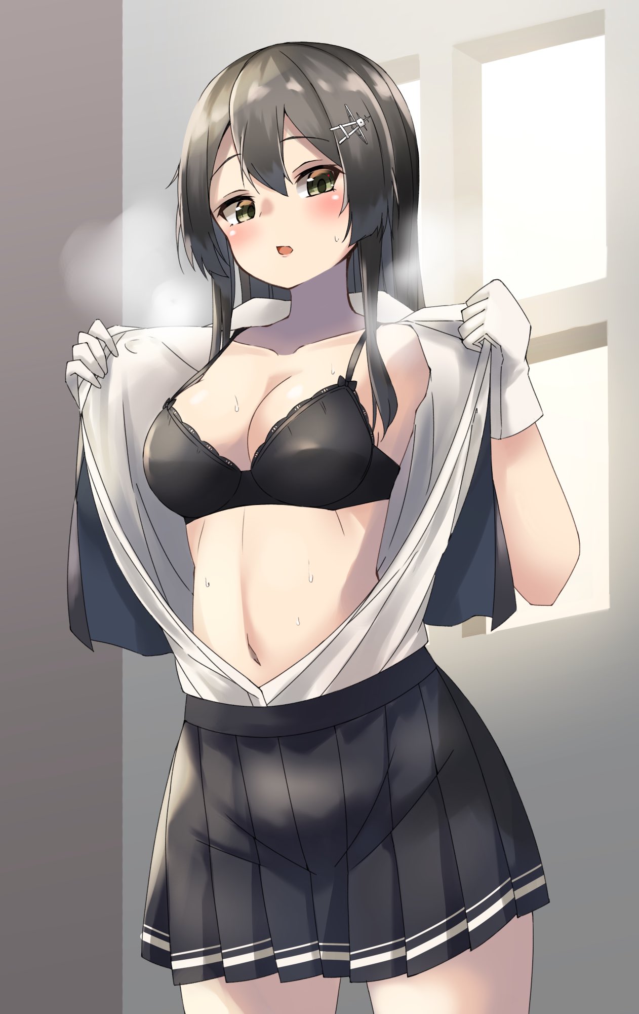 1girl black_bra black_hair black_skirt black_vest bra breasts cleavage collarbone commentary_request cowboy_shot dress_shirt gloves grey_eyes hair_ornament hairclip highres kantai_collection looking_at_viewer medium_breasts open_clothes open_shirt oyashio_(kancolle) pleated_skirt school_uniform shirt skirt solo steaming_body underwear vest wasumi_kei white_gloves white_shirt window