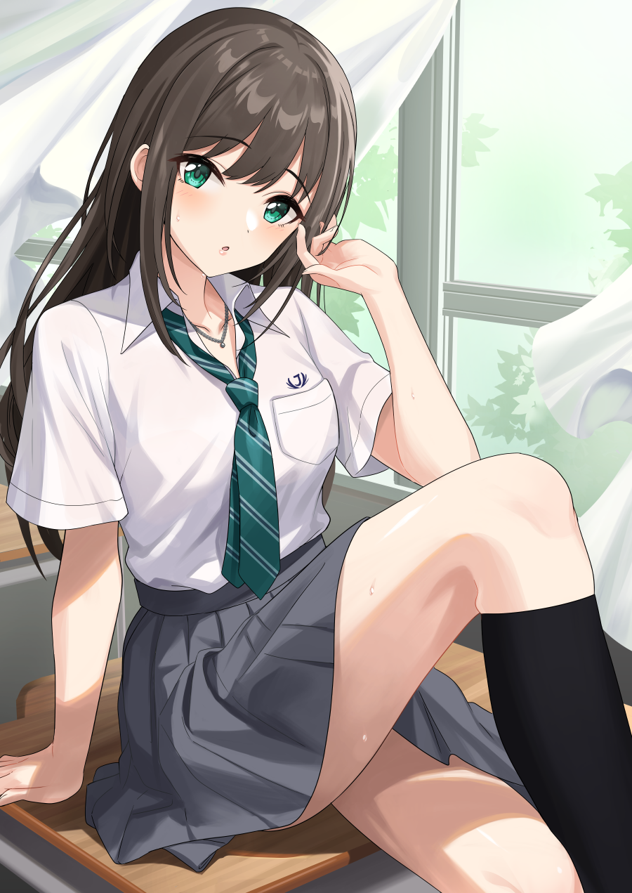 1girl arm_support bangs blush brown_hair classroom collared_shirt curtains desk feet_out_of_frame green_eyes green_necktie grey_skirt hand_up highres idolmaster idolmaster_cinderella_girls indoors jewelry knee_up long_hair looking_at_viewer miniskirt necklace necktie on_desk parted_lips pleated_skirt school_uniform shibuya_rin shirt shirt_tucked_in short_sleeves sidelocks sitting skirt solo striped_necktie sunlight sweat tamakaga thighs white_shirt wind window