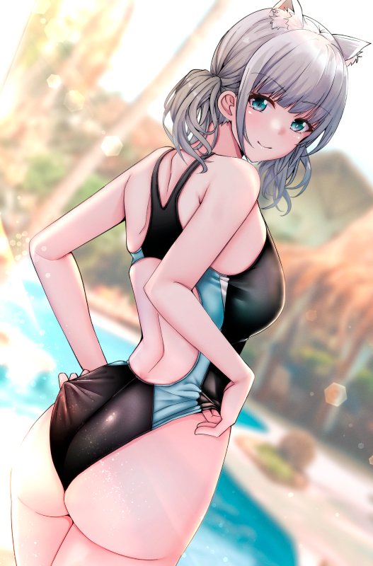 1girl adjusting_clothes adjusting_swimsuit animal_ear_fluff animal_ears ass bangs black_swimsuit blue_archive blue_eyes blurry blurry_background breasts competition_swimsuit cowboy_shot cross_hair_ornament day dutch_angle extra_ears from_behind grey_hair hair_ornament halo low_ponytail medium_breasts medium_hair mismatched_pupils multicolored_clothes multicolored_swimsuit one-piece_swimsuit outdoors pool shiroko_(blue_archive) shiroko_(swimsuit)_(blue_archive) shohei_(piranha5hk) solo swimsuit