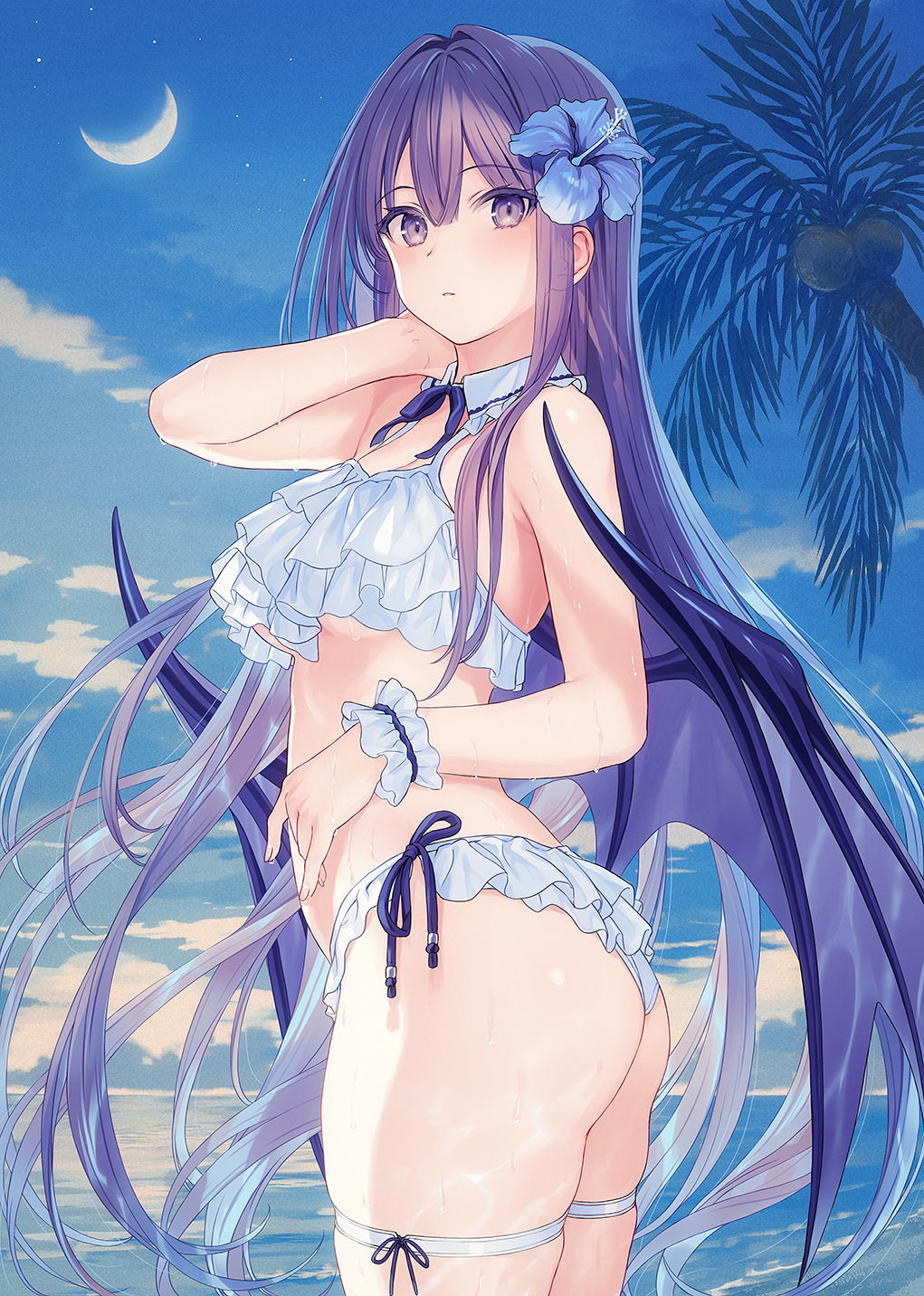 1girl ass bare_arms bare_shoulders bikini blue_flower bow bowtie breasts closed_mouth coconut coconut_tree cowboy_shot crescent_moon detached_collar expressionless flower frilled_bikini frills grey_eyes grey_hair hair_flower hair_ornament hand_up highres long_hair looking_at_viewer medium_breasts moon original outdoors palm_tree side-tie_bikini skindentation solo standing swimsuit thigh_strap thighs tree very_long_hair wet white_bikini wing_collar wings wrist_cuffs yashiro_seika