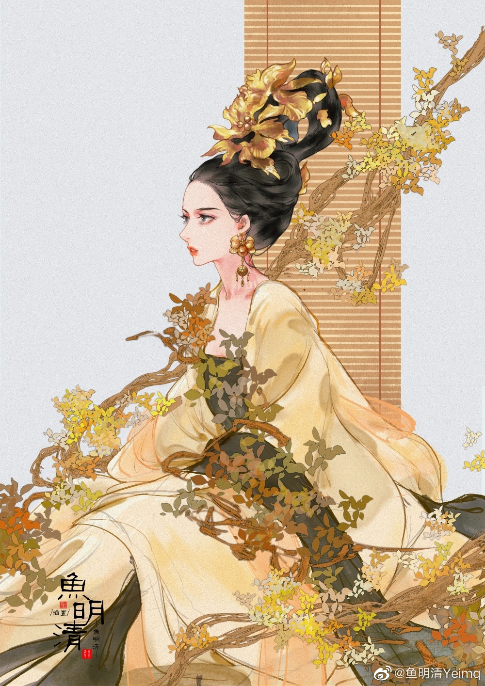 1girl black_hair branch chinese_clothes earrings from_side grey_background hair_ornament hair_rings hanfu highres jewelry leaf long_sleeves original sitting solo teeth upper_body windowsill yu_mingqing_yeimq