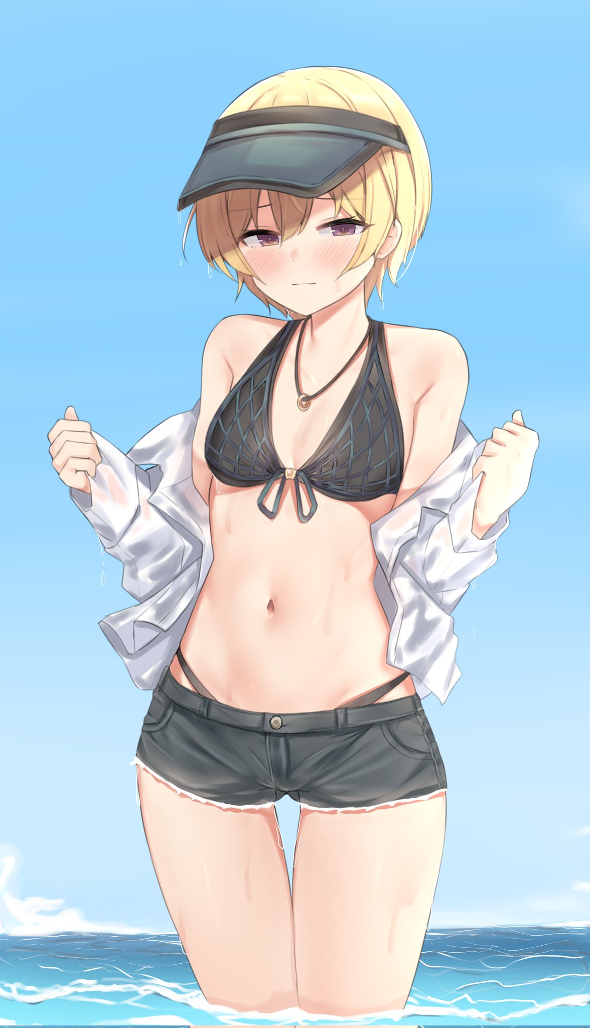 1girl aa211108 bikini bikini_under_clothes black_bikini black_shorts blonde_hair blush breasts clothes_pull front-tie_bikini front-tie_top highres idolmaster idolmaster_shiny_colors looking_at_viewer navel open_clothes open_shirt outdoors saijo_juri shirt shirt_pull short_hair short_shorts shorts small_breasts solo swimsuit thigh_gap visor_cap wading wet wet_clothes wet_shirt white_shirt