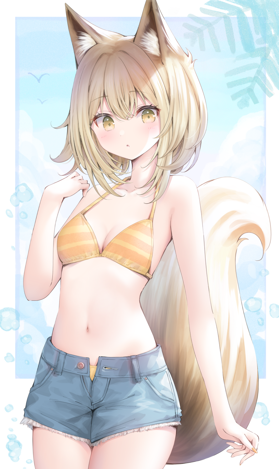 1girl :o animal_ear_fluff animal_ears bangs bare_arms bare_shoulders bikini bikini_under_clothes blue_shorts blush breasts brown_eyes brown_hair cleavage collarbone cowboy_shot hair_between_eyes hand_up highres looking_at_viewer murano nail_polish navel open_clothes open_fly open_shorts original parted_lips short_shorts shorts small_breasts solo striped striped_bikini swimsuit tail yellow_nails