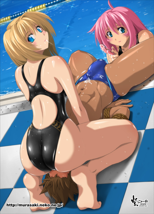 aneros arena_(company) arms_behind_back ass barefoot bdsm blue_eyes bondage bound bound_arms brown_hair checkered checkered_floor competition_swimsuit cum cum_string dutch_angle erection erection_under_clothes femdom from_above girl_on_top group_sex highleg highleg_swimsuit lane_line looking_back male_swimwear mizuno multiple_girls murasaki_nyaa one-piece_swimsuit original pink_hair pool poolside prostate_massager reverse_spitroast short_hair sitting sitting_on_face sitting_on_person soles swim_briefs swimsuit swimwear threesome toes