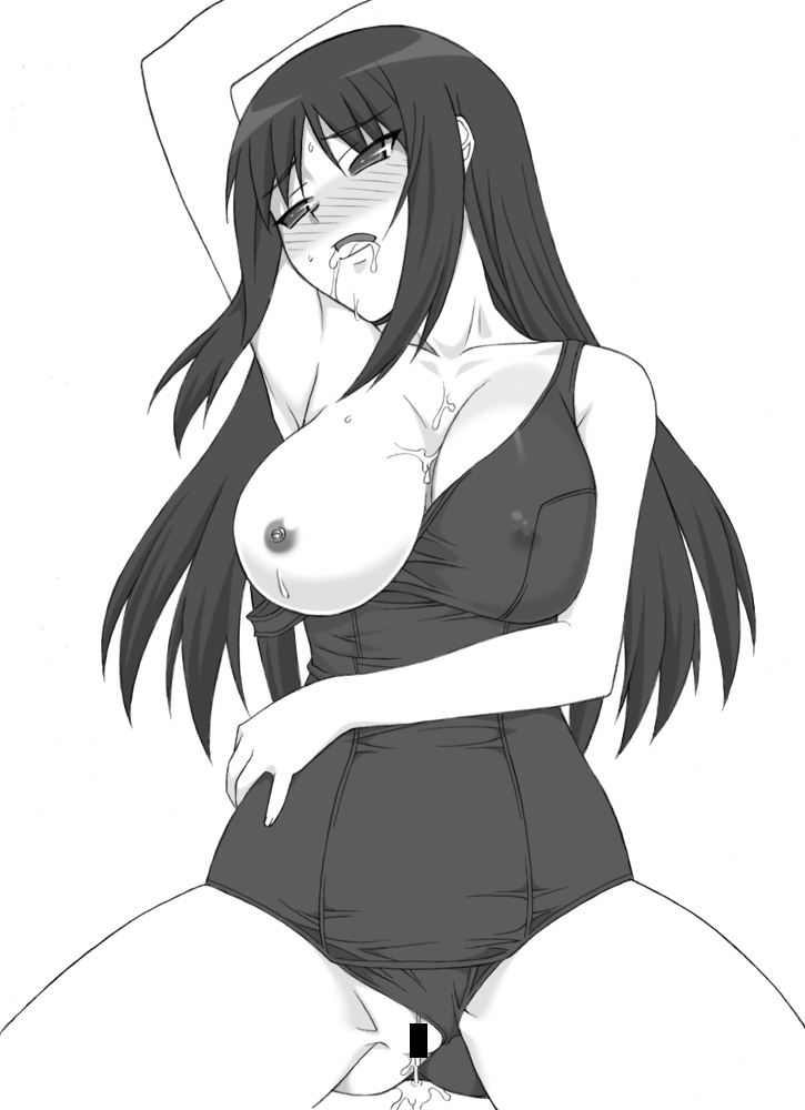 blush breast_slip breasts cum cum_in_mouth cum_in_pussy cum_on_body cum_on_breasts cum_on_upper_body greyscale kurusugawa_ayaka large_breasts long_hair monochrome nipples one-piece_swimsuit one_breast_out school_swimsuit shichimenchou simple_background solo swimsuit swimsuit_aside swimsuit_pull to_heart