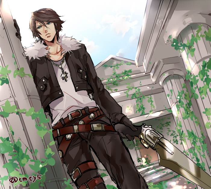 1boy architecture belt black_gloves black_jacket black_pants blue_eyes brown_hair chain_necklace column cowboy_shot cropped_jacket final_fantasy final_fantasy_viii from_below fur_collar gloves gunblade holding holding_weapon jacket jewelry long_sleeves looking_to_the_side loose_belt male_focus multiple_belts necklace outdoors pants pillar plant scar scar_on_face shirt short_hair solo squall_leonhart tama_(tmfy5) thigh_strap vines weapon white_shirt