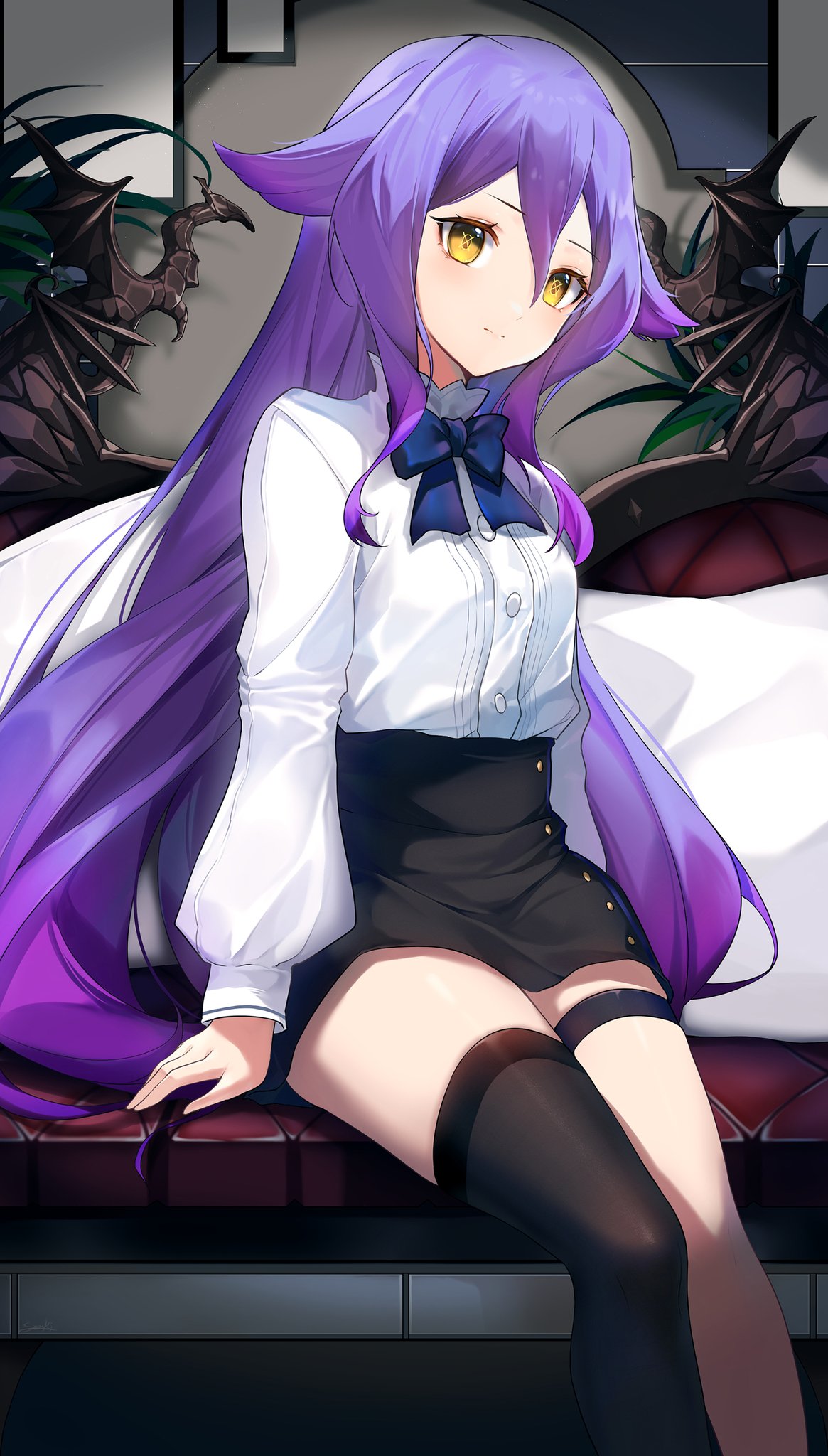 1girl black_skirt black_thighhighs bow bowtie closed_mouth couch dress_shirt hair_flaps high-waist_skirt highres honkai_(series) honkai_impact_3rd long_hair long_sleeves looking_at_viewer miniskirt on_couch puffy_sleeves purple_hair shirt shirt_tucked_in single_thighhigh sirin sitting skirt smile snozaki solo symbol-shaped_pupils thigh_strap thighhighs thighs very_long_hair white_shirt yellow_eyes