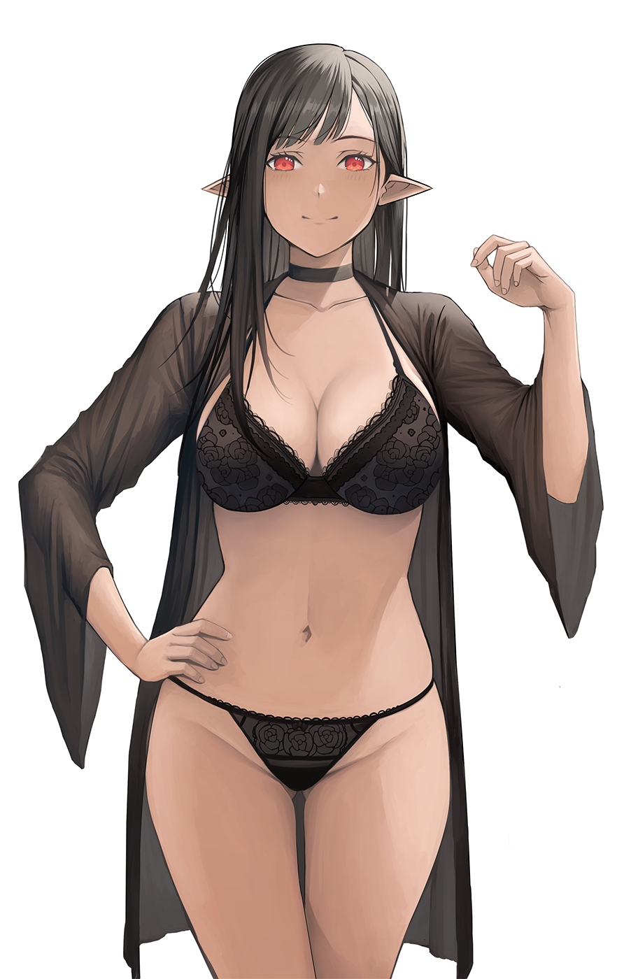 1girl black_bra black_choker black_hair black_panties black_shirt bra breasts choker cleavage closed_mouth collarbone cowboy_shot elf groin hand_on_hip hand_up highres jchoy lace-trimmed_bra lace-trimmed_panties lace_trim large_breasts navel open_clothes open_shirt original panties pointy_ears red_eyes shirt simple_background smile solo standing stomach thighs underwear white_background wide_sleeves