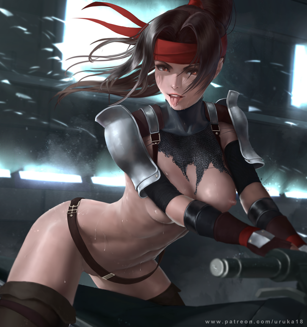 1girl armor belt belt_pouch black_shorts boobplate breastplate breasts brown_thighhighs crop_top cutoffs final_fantasy final_fantasy_vii final_fantasy_vii_remake gloves ground_vehicle hair_blowing headband impossible_armor jessie_rasberry loose_belt medium_breasts midriff motor_vehicle motorcycle nipples nose open_fly patreon_username pink_lips pinup_(style) ponytail pouch red_gloves red_headband short_shorts shorts shoulder_armor solo straddling sweat thighhighs thighs toned tongue tongue_out torn_clothes uruka_18 wet