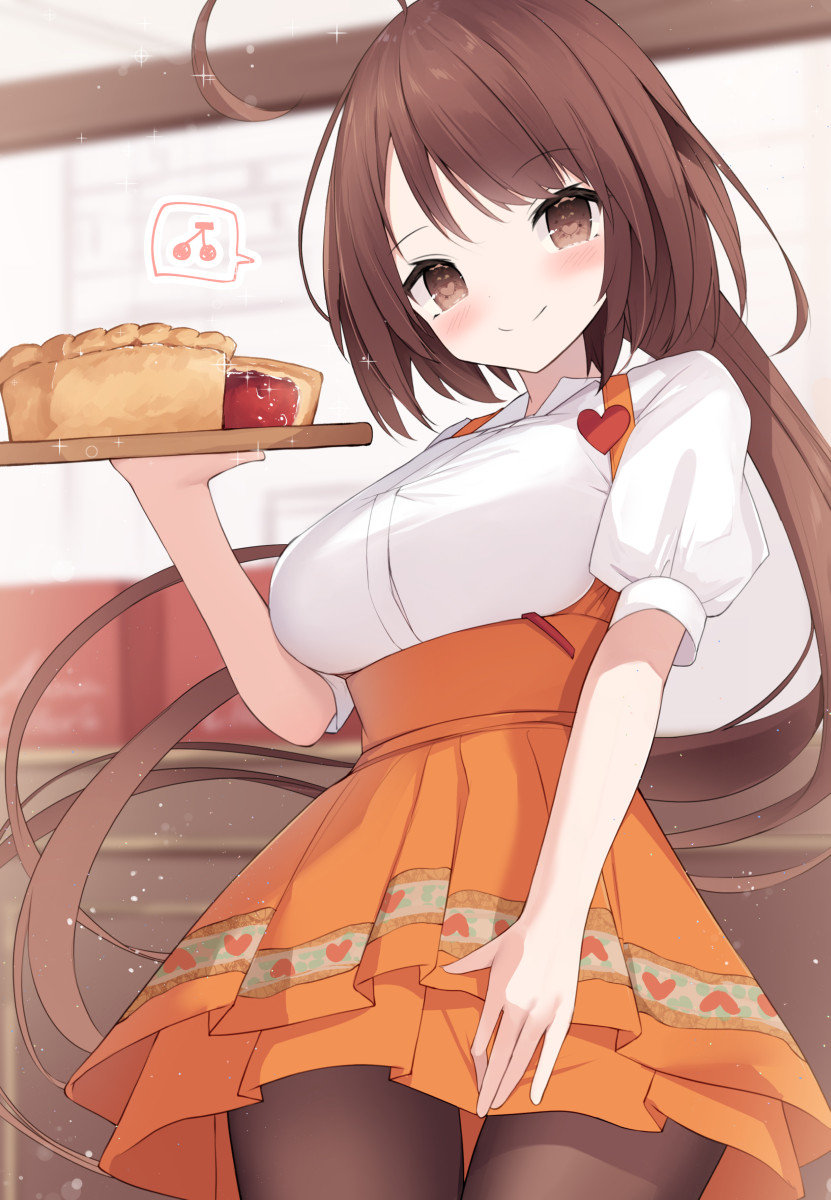 1girl ahoge anna_miller blurry blurry_background blush breasts brown_eyes brown_hair brown_pantyhose cherry_pie cisyo closed_mouth collared_shirt commentary_request depth_of_field dress_shirt food framed_breasts highres holding holding_tray indoors large_breasts long_hair looking_at_viewer orange_skirt original pantyhose pie pleated_skirt ponytail puffy_short_sleeves puffy_sleeves shirt short_sleeves skirt smile solo suspender_skirt suspenders tray very_long_hair waitress white_shirt