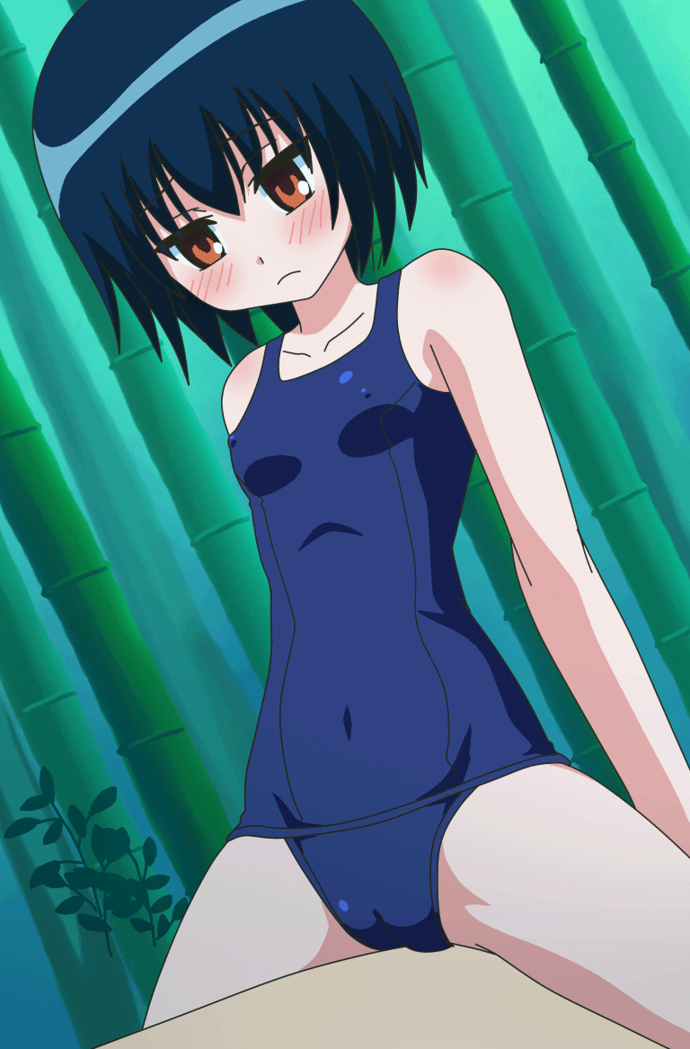 1girl animated animated_gif arms_behind_back awa bamboo bamboo_forest bangs blue_hair blue_swimsuit blush body_blush breasts cameltoe covered_navel covered_nipples cowboy_shot crotch_rub dutch_angle forest frown leaf maji_moji_rurumo narrow_waist nature one-piece_swimsuit orange_eyes rurumo school_swimsuit short_hair skin_tight small_breasts solo swimsuit third-party_edit wide_hips