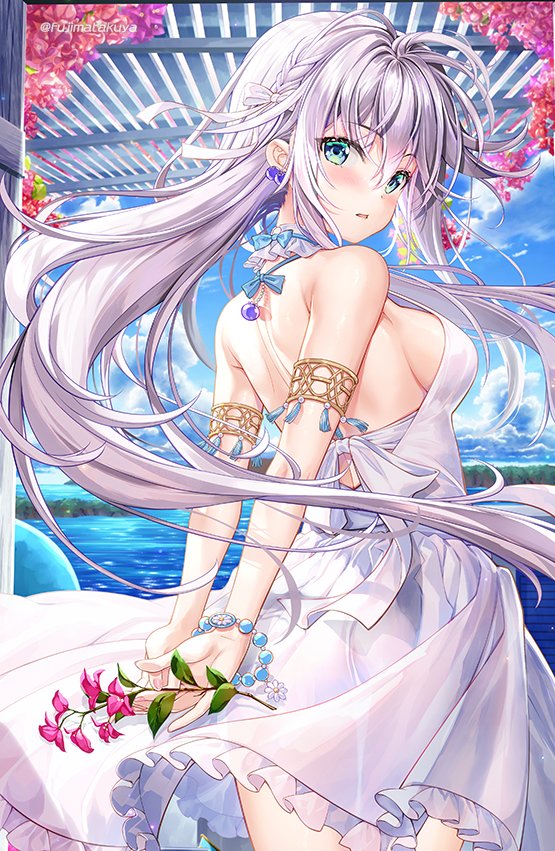 1girl arms_behind_back backless_dress backless_outfit bangs bare_shoulders blue_sky blueberry blush braid breasts cloud commentary_request day dress floating_hair flower food frilled_dress frills fruit fujima_takuya green_eyes grey_hair hair_between_eyes holding holding_flower long_hair medium_breasts original purple_flower sideboob sky solo twitter_username very_long_hair water white_dress