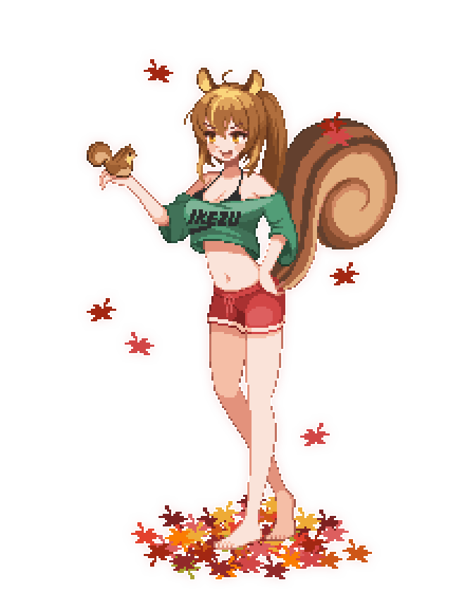 1girl :d ahoge animal_ears animal_on_hand artist_request autumn_leaves bangs bare_legs bare_shoulders barefoot blush bra_strap brown_eyes brown_hair clothes_writing commission crop_top crop_top_overhang full_body green_shirt hair_between_eyes hand_on_hip large_tail long_hair midriff navel off-shoulder_shirt off_shoulder open_mouth original park_bokja pixel_art ponytail red_shorts second-party_source shirt short_shorts short_sleeves shorts smile solo squirrel squirrel_ears squirrel_tail standing stomach t-shirt tail transparent_background v-shaped_eyebrows