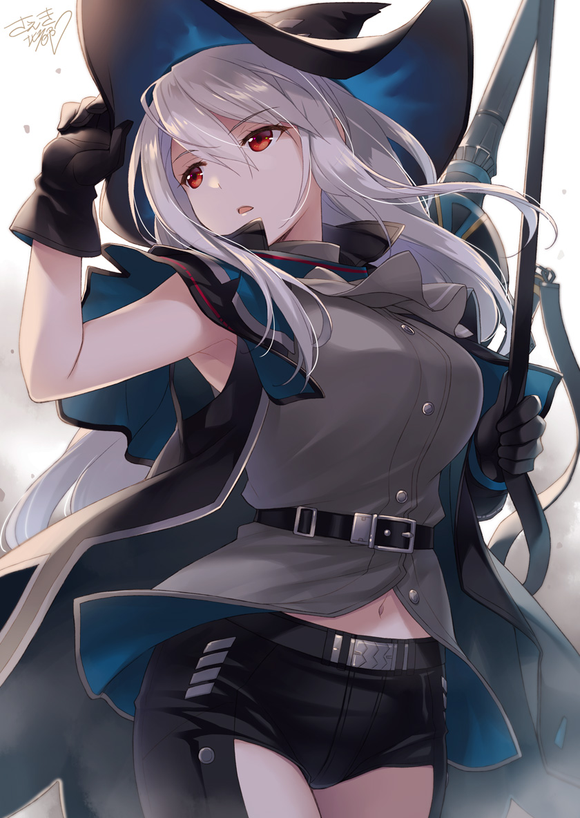arknights ascot belt belt_buckle black_headwear black_pants black_vest breasts buckle clothing_cutout cowboy_shot grey_ascot grey_hair grey_shirt holding holding_sword holding_weapon large_breasts long_hair looking_away looking_to_the_side navel open_clothes open_mouth open_vest pants red_eyes saeki_hokuto shirt signature simple_background skadi_(arknights) sword thigh_cutout very_long_hair vest weapon white_background