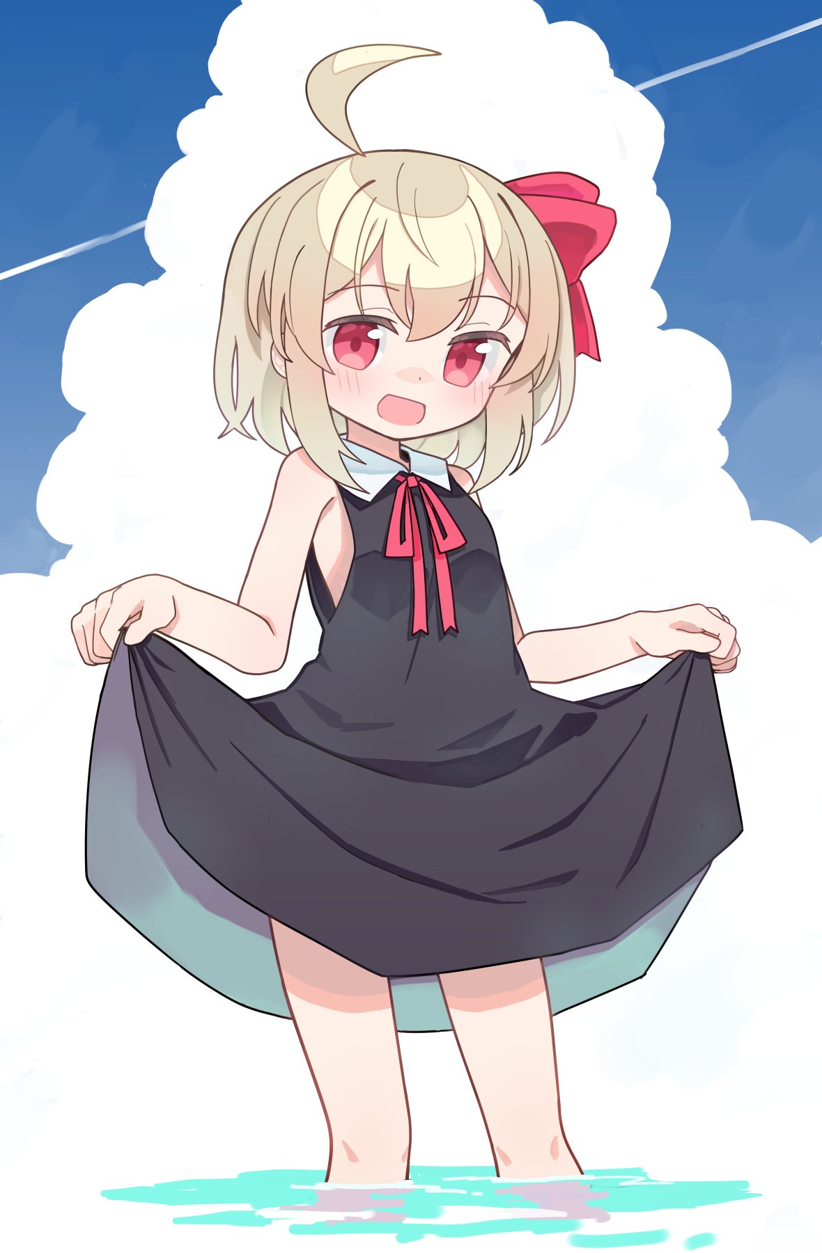 1girl :d ahoge bangs black_dress blonde_hair blue_sky clothes_lift cloud dress dress_lift hair_ribbon highres kibisake lifted_by_self looking_at_viewer open_mouth outdoors partially_submerged red_eyes red_ribbon ribbon rumia short_hair sky sleeveless sleeveless_dress smile solo standing touhou