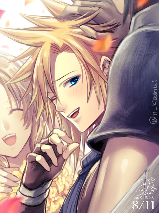1girl 2boys aerith_gainsborough armor bangs black_hair blonde_hair blue_eyes blue_shirt bouquet brown_gloves brown_hair closed_eyes cloud_strife confetti dated final_fantasy final_fantasy_vii fingerless_gloves flower gloves hair_between_eyes hand_in_another's_hair hand_on_another's_head hand_to_own_mouth holding holding_bouquet light_blush multiple_boys n_kamui one_eye_closed open_mouth parted_bangs shirt short_hair shoulder_armor signature smile spiked_hair teeth twitter_username upper_body upper_teeth white_background yellow_flower zack_fair
