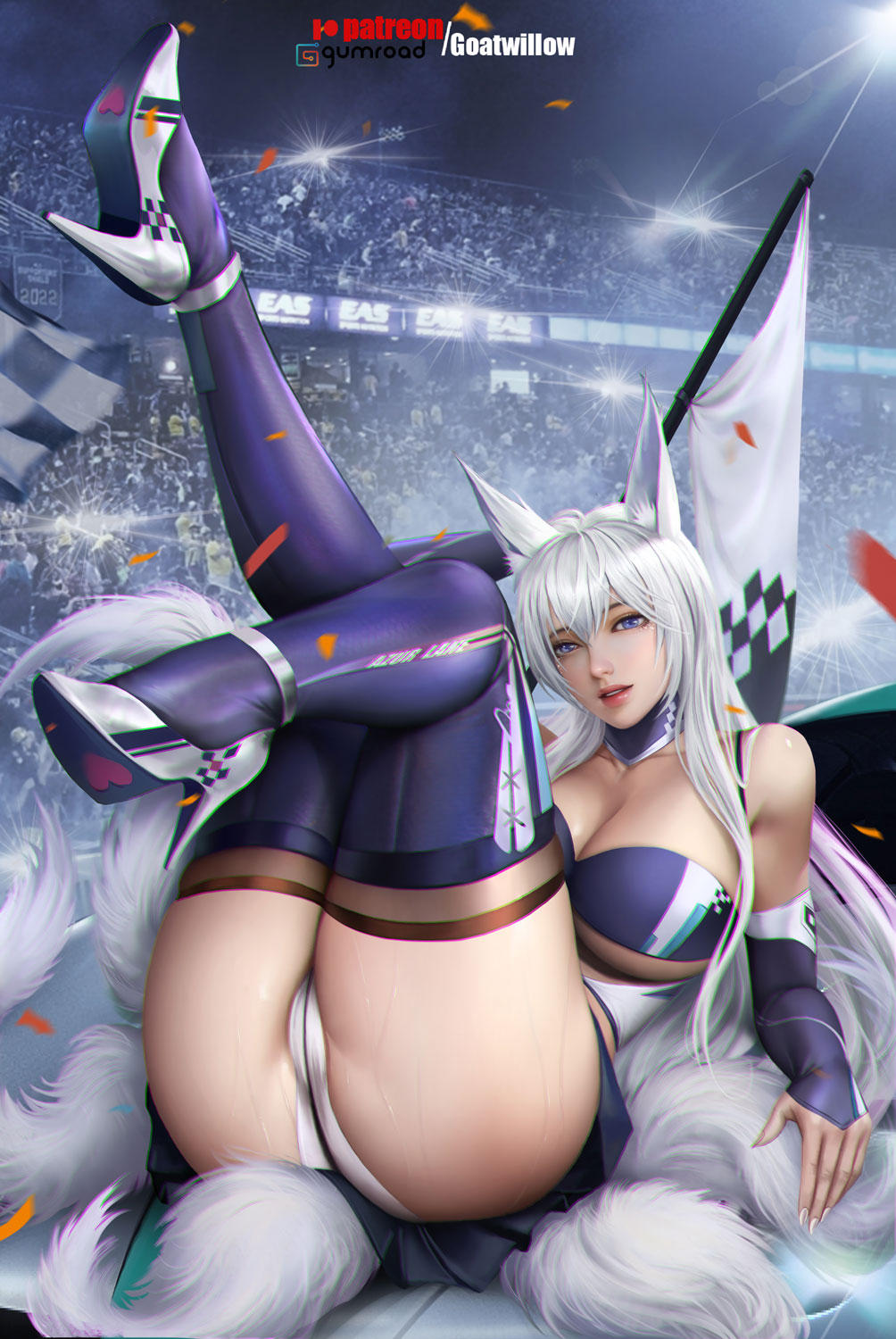 1girl animal_ears ass audience azur_lane bare_shoulders breasts cleavage collarbone confetti detached_sleeves english_commentary fingernails flag fox_ears fox_girl fox_tail full_body goatwillow gumroad_username hair_between_eyes heart high_heels highres knees_together_feet_apart large_breasts leg_up lips long_hair lying official_alternate_costume on_back outdoors parted_lips patreon_username purple_eyes race_queen shinano_(azur_lane) solo sparkle stadium tail thick_thighs thighhighs thighs white_footwear white_hair