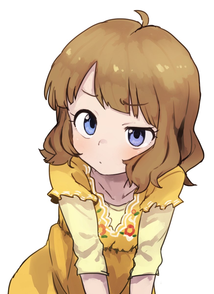 1girl ahoge arm_support bangs blue_eyes brown_hair collarbone commentary_request curious dot_mouth dress eyelashes flat_chest floral_print gazacy_(dai) highres idolmaster idolmaster_million_live! light_blush long_sleeves looking_at_viewer short_hair solo suou_momoko upper_body wavy_hair white_background yellow_dress